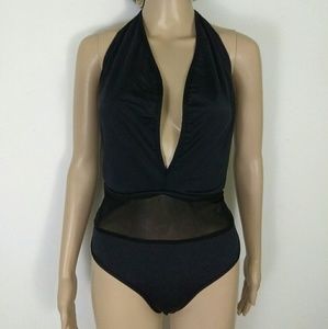 Womens black mesh bathing suit open back